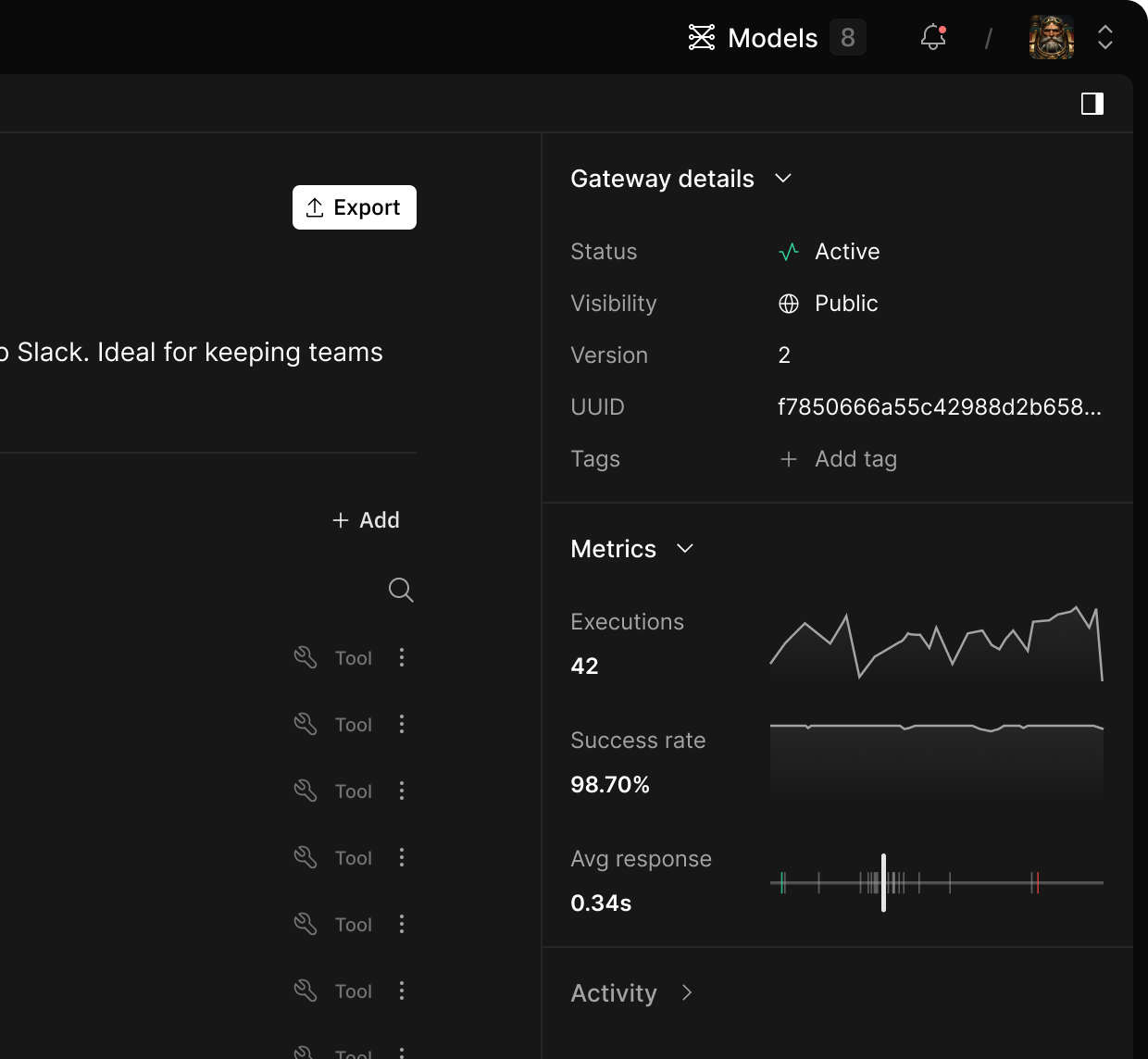 Tools list with metrics